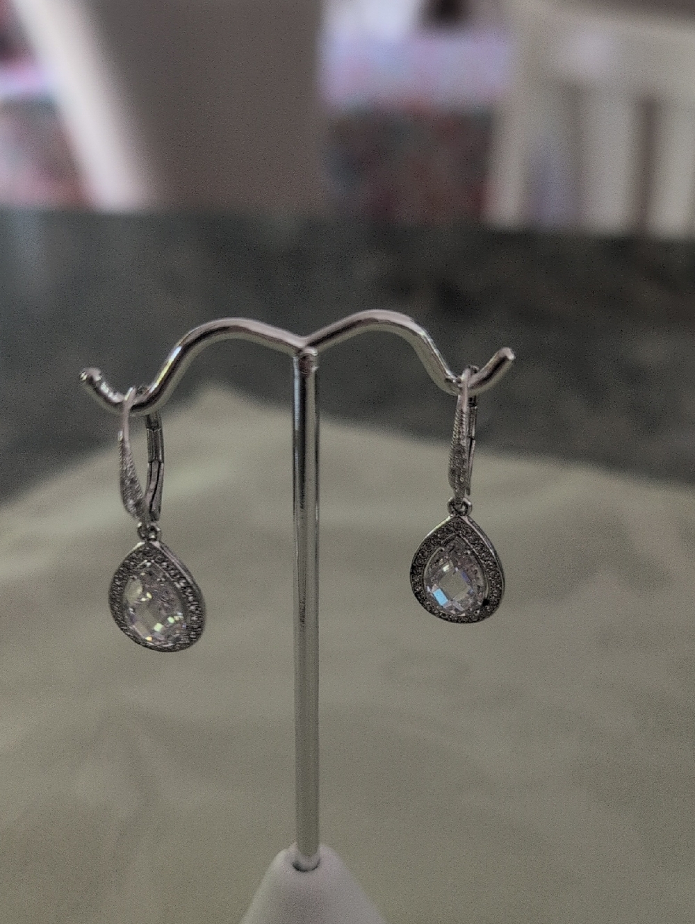 Silver Teardrop Crystal Dangle Earrings